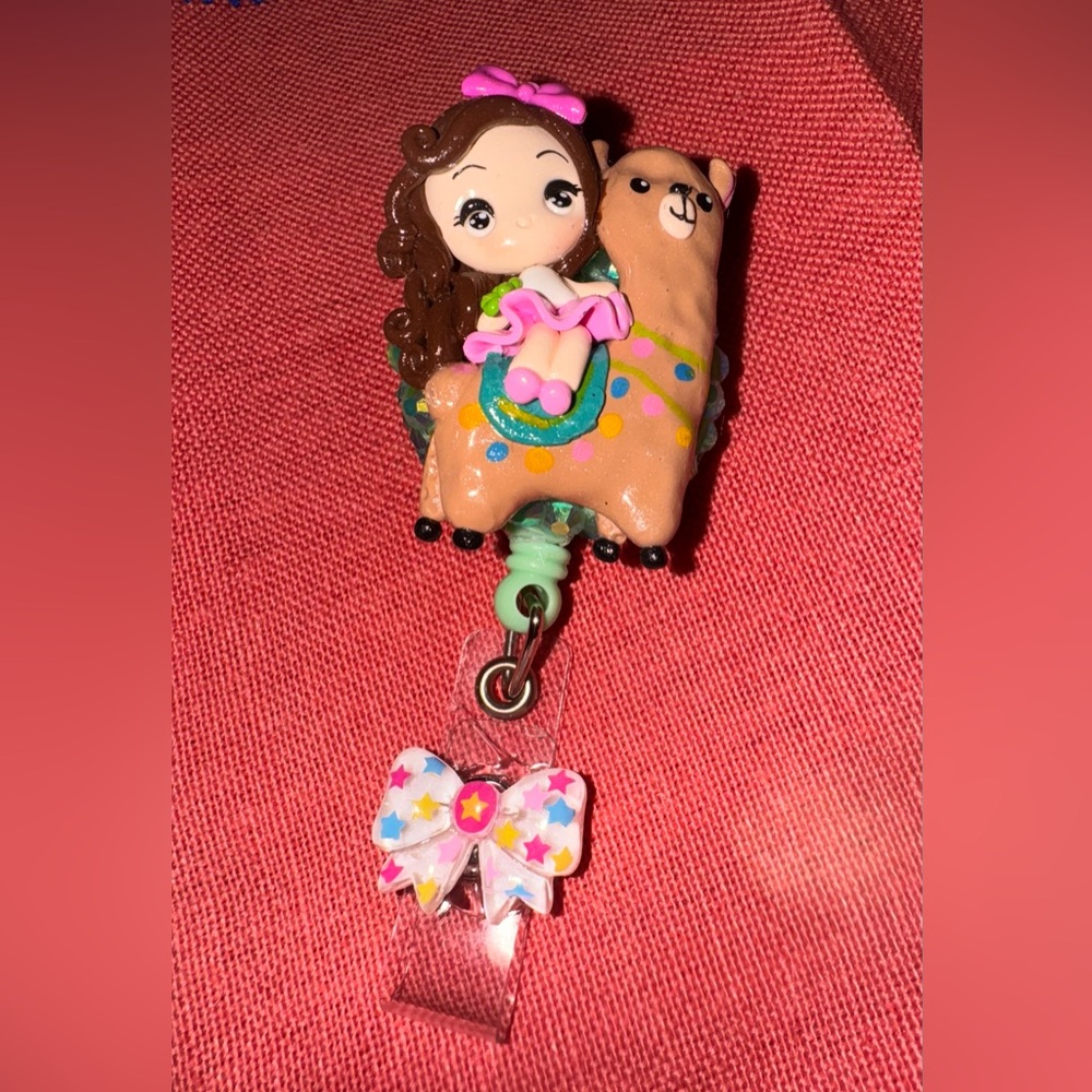 Whimsical Girl and Llama badge reel Holder with Pink Accents
